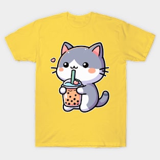 funny cat drink orange boba T-Shirt